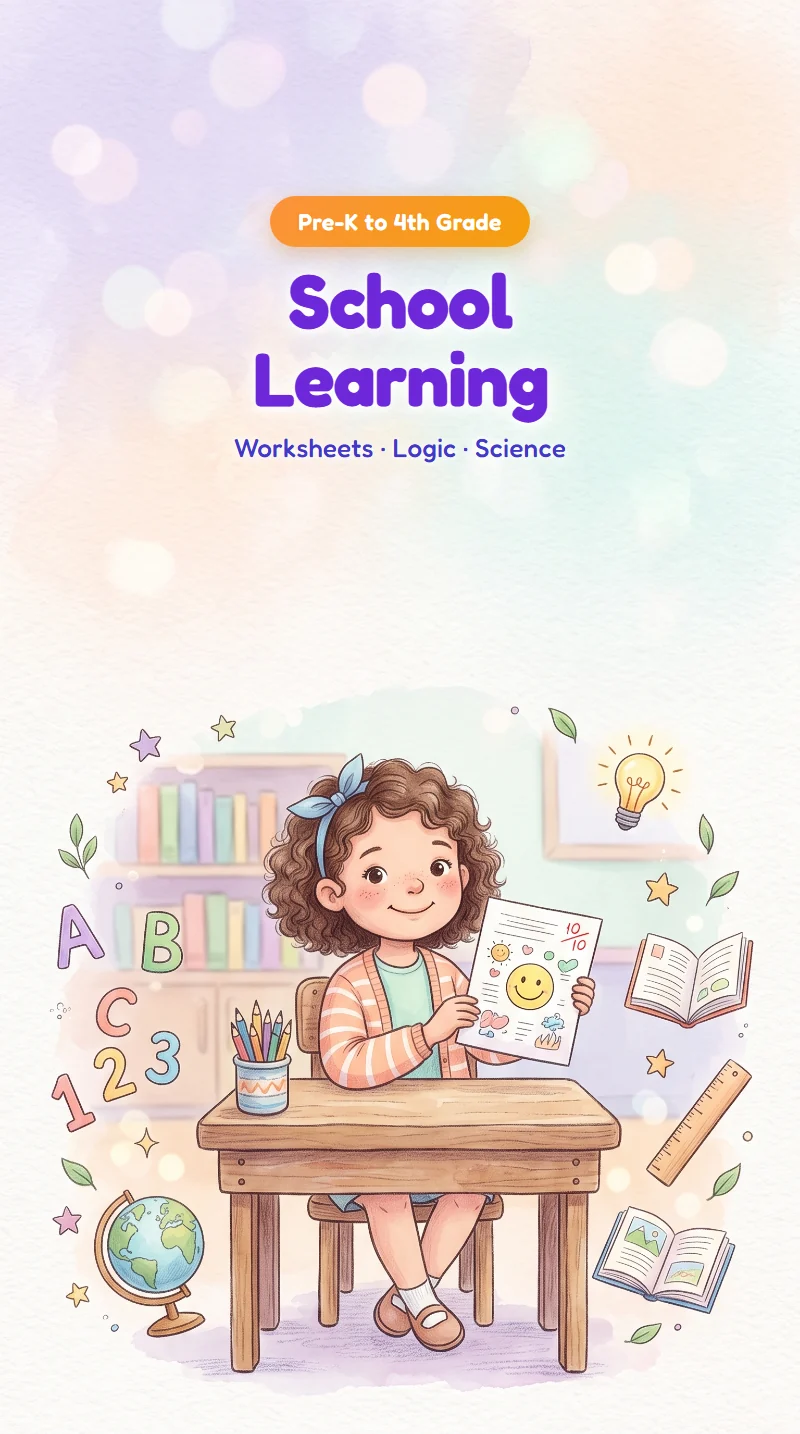 School Learning: a happy girl at her desk holding up a worksheet, for Pre-K to 4th grade